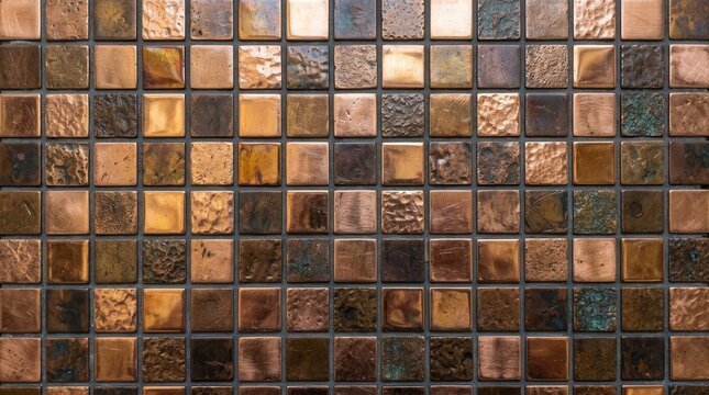 Close-up grid small square tiles arranged Texture of illuminated glass block wall with warm and cool