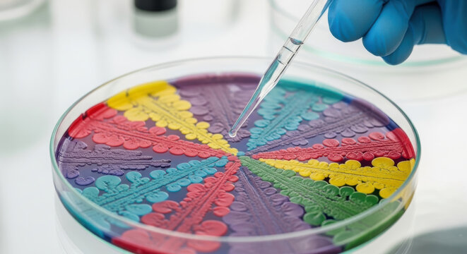 Microbiome research in petri dish shows colorful bacterial growth for gut health and disease prevention in scientific laboratory study