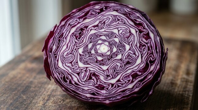 Close-up head red cabbage cut A vibrant of cross-section reveals intricate