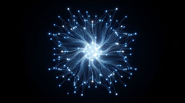Futuristic blue glowing neural network fiber optics with digital connections in a sci-fi cyberpunk style abstract background