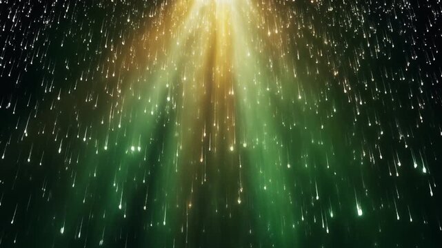 Volumetric green light beams illuminate fine drifting rain in dark space, sparkling microdroplets passing through bright white light shafts with cinematic atmosphere and realistic optical diffusion.