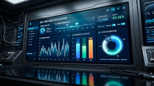 Futuristic Real-Time Analytics Dashboard Displaying Business Data