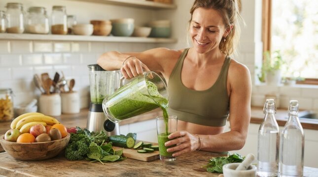 This image we can see woman A in sportwear making detox smoothie at home