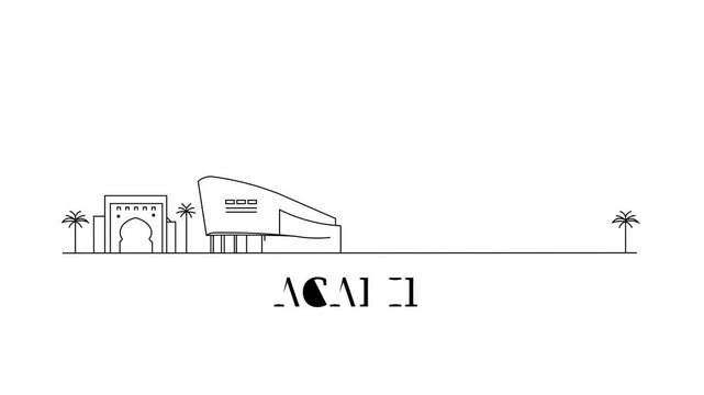 Simple black line art shows Agadir's skyline
