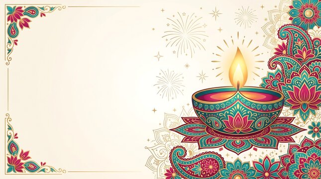 An ornate lit oil lamp diya on a floral pedestal, decorated with paisley patterns, mandalas, and fireworks for Diwali background with copy space.