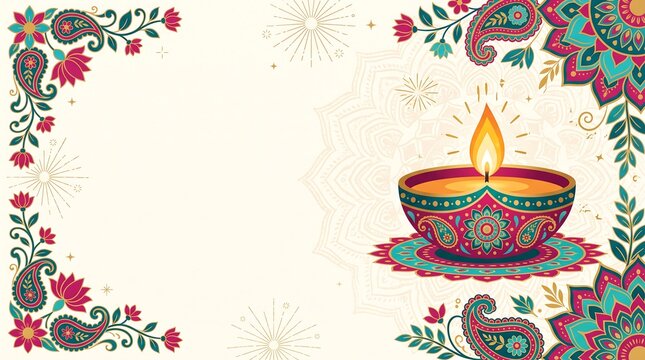 An ornate lit oil lamp diya on a floral pedestal, decorated with paisley patterns, mandalas, and fireworks for Diwali background with copy space.
