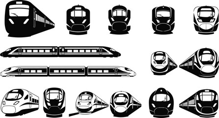 Modern train silhouette collection, high-speed rail outline figure, passenger transport motif illustration, railway icon art, locomotive design graphic, travel symbol © Fenshi