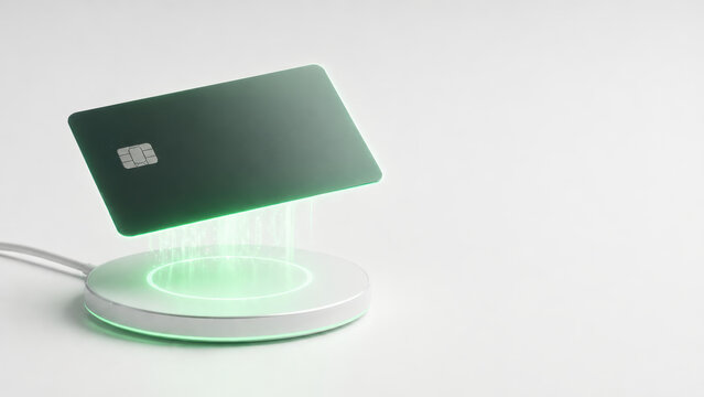Contactless payment card with chip floating above wireless charging pad glowing green for savings plan concept