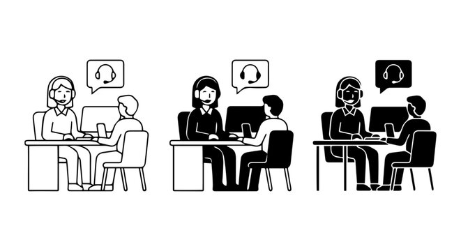 Customer Service Icons, Support Agents, Call Center People, Communication Icons, Vector Set