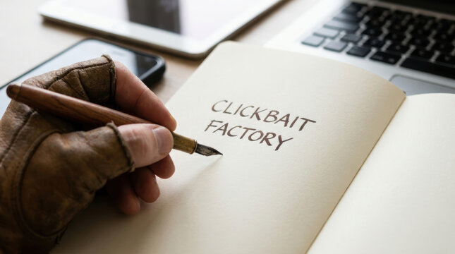 Social media disinformation concept with person writing clickbait factory on notebook using pen near laptop and smartphone