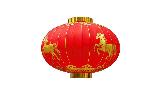 Traditional red chinese lantern decorated with golden horse patterns for festival isolated on transparent background