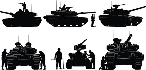 Obraz premium Military tank silhouette collection, soldier outline figure, army motif illustration, combat icon art, defense design graphic, warfare symbol image