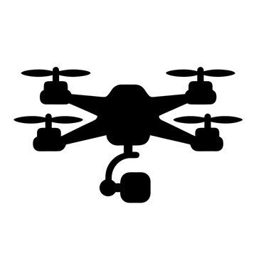 Modern quadcopter drone silhouette with camera gimbal, aerial photography uav vector icon, black unmanned aircraft for tech design
