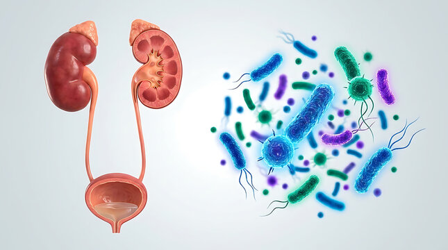 Human urinary system and colorful bacteria kidney bladder