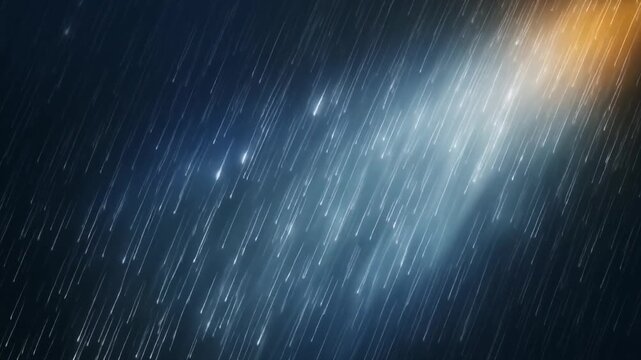 Volumetric blue and white light beams illuminate fine drifting rain in dark space, sparkling microdroplets passing through bright light shafts with cinematic atmosphere and realistic optical diffusion