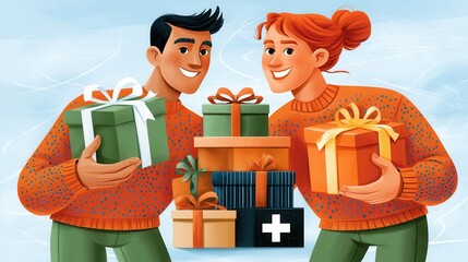 Fototapeta premium Friends exchanging holiday gifts and smiling together in cozy winter sweaters