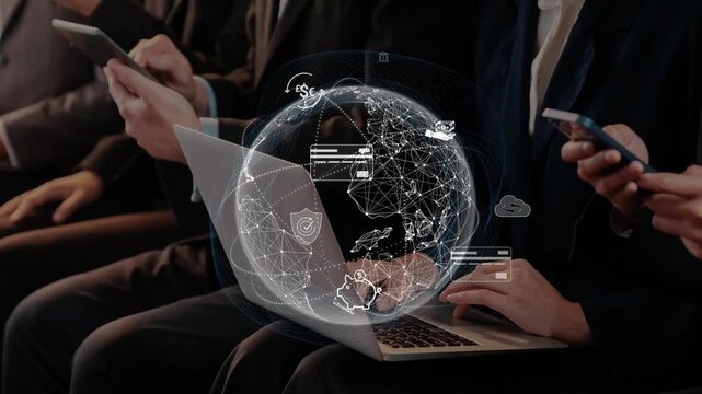 Participants engage with digital devices at a business meeting while technology illustrates global connections and online security in a modern workspace. Raster
