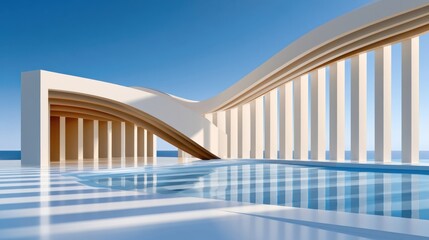 Obraz premium Minimalist futuristic architectural scene with curved colonnade and reflective pool by the sea