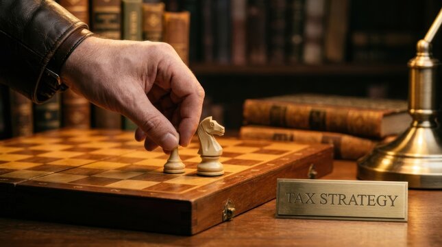 Ttax strategy concepts. Hand Moving Chess Piece on Wooden Board with Pax Strategy Sign and Books