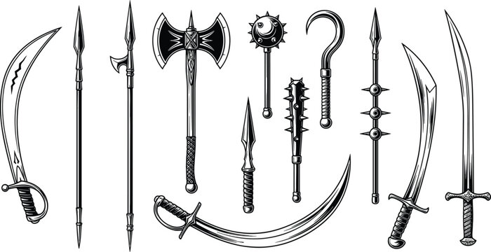 Medieval fantasy weapon silhouette illustration set, swords spears axes maces daggers artwork, combat vector design concept