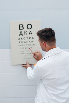 Funny eye exam chart with russian vodka words concept
