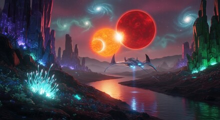 Fototapeta premium Mystical extraterrestrial landscape featuring vibrant glowing flora and alien terrain with two suns illuminating an otherworldly scene showcasing surreal geological formations and shimmering water bod