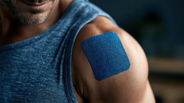 Close-up image of a muscle support or pain relief patch applied on skin, highlighting health, recovery, and therapeutic treatment for muscle pain and injury relief.