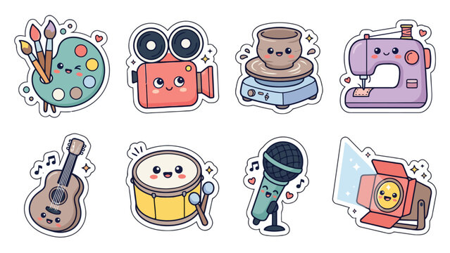 Colorful kawaii artistic and musical stickers including a palette and guitar