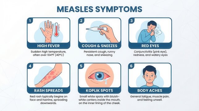 Set six square icons title "Measles Measles symptoms medical infographic illustrating viral infection signs including fever