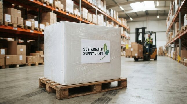 Large white cardboard box wooden pallet Comprehensive sustainable supply chain strategy implementing environmental stewardship and ethical