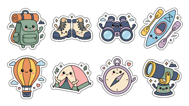 Kawaii camping gear stickers including backpack, boots, and hot air balloon