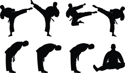 Martial artist silhouette illustrations, karate kick bow meditation artwork, discipline respect design, black white figure set, sports training collection © Fenshi