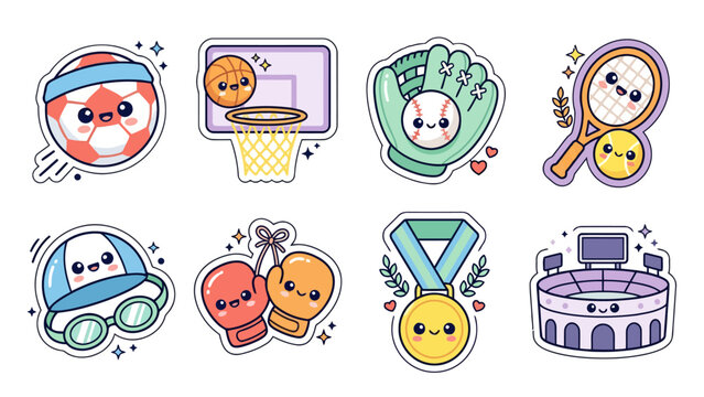 Kawaii sports stickers featuring cute characters and activities