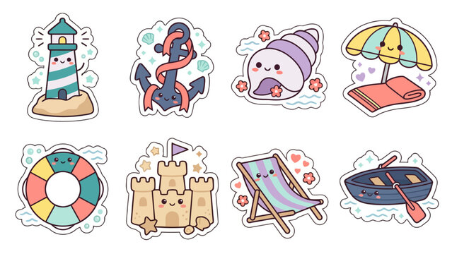 Kawaii stickers featuring beach and seaside elements for fun decoration
