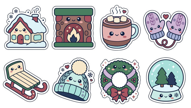 Colorful kawaii anniversary stickers featuring winter themes and cozy elements