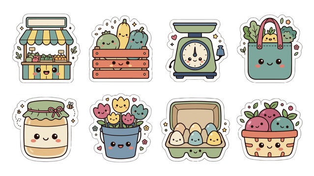 Kawaii-style anniversary stickers collection featuring cute market items