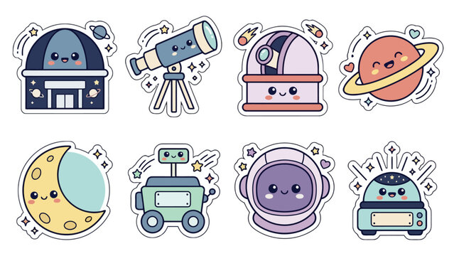 Kawaii anniversary stickers with cute space-themed characters