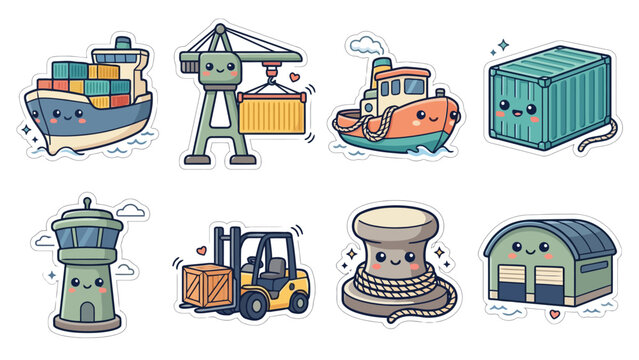 Kawaii style cute stickers of maritime and transportation themed elements
