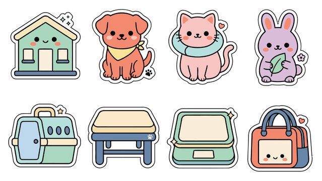 Kawaii anniversary stickers with pets and accessories for decoration