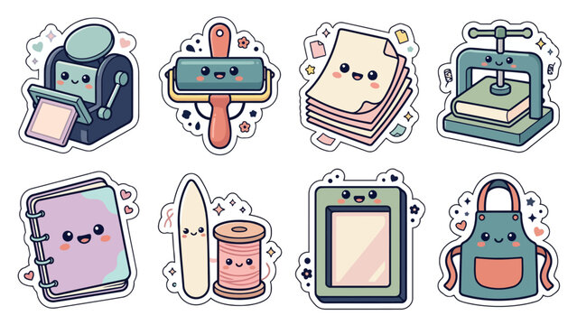 Cute kawaii anniversary stickers collection featuring craft tools