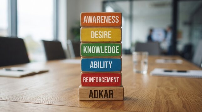 Wooden block word "ADKAR" written it ADKAR model blocks showing awareness desire knowledge ability and reinforcement