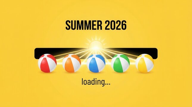 Graphic design yellow background center image Summer 2026 loading message with sun and beach ball icons