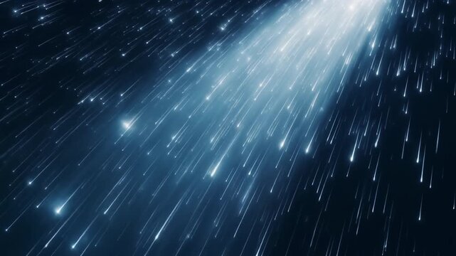 Volumetric blue and white light beams illuminate fine drifting rain in dark space, sparkling microdroplets passing through bright light shafts with cinematic atmosphere and realistic optical diffusion