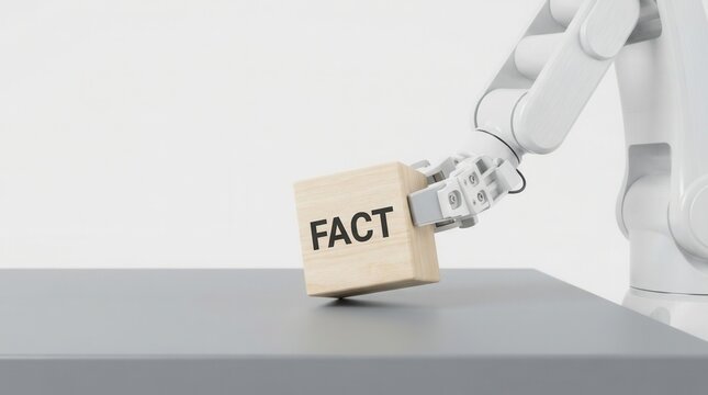 White robot hand placing wooden block AI automation generating fake and misleading content representing digital deception