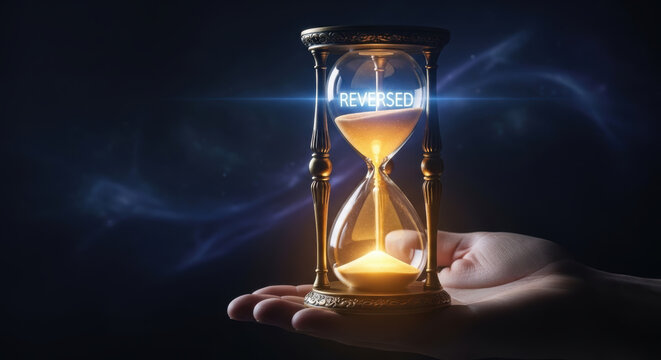 Biohacking longevity research hourglass in hand with glowing reversed time concept