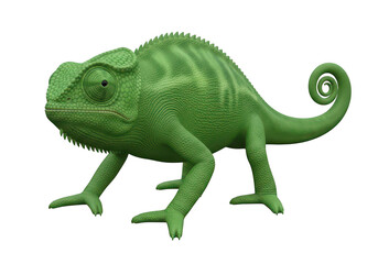 Obraz premium A bright green chameleon lizard with a curly tail standing in a natural position isolated on transparent background