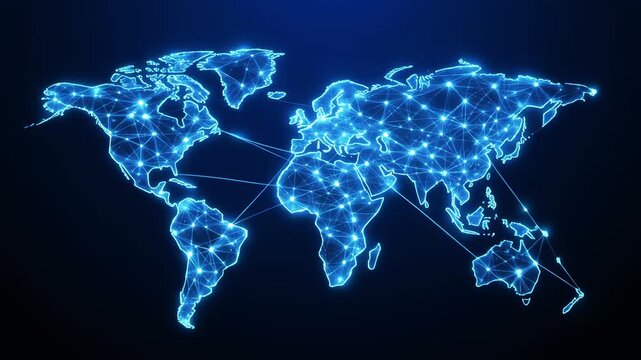 Fintech holographic world map with pulsing nodes background animation