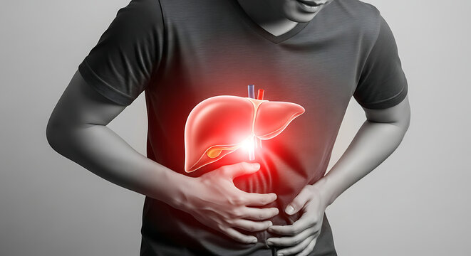 A person is holding their abdomen in pain, with a glowing red illustration of the liver highlighting the discomfort.
