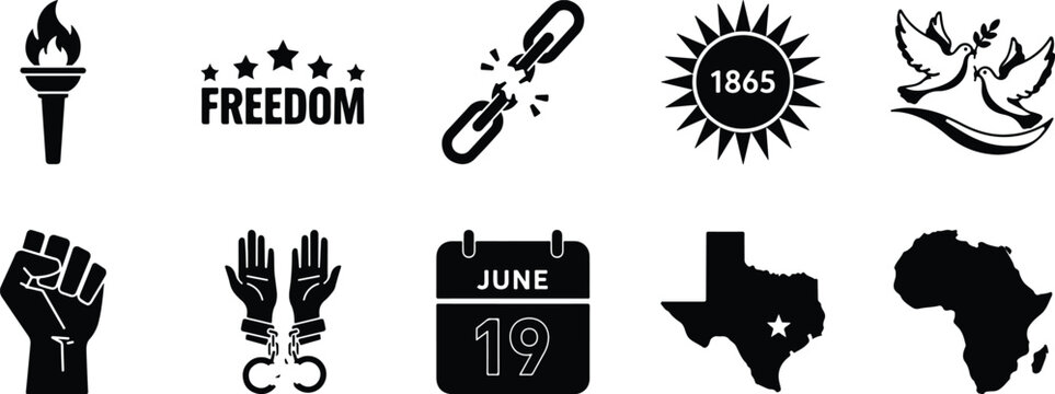 Juneteenth icons, freedom celebration, emancipation symbols, broken chains, raised fist, Texas outline, African heritage, June 19, liberation, equality, justice