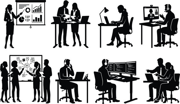 Business people working in office black silhouette vector set isolated on white background